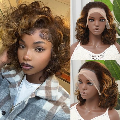 Loose Body Wave Honey Blonde Bob Wig Human Hair 13x4 Highlight Body Wave Lace Front Wigs Human Hair Pre Plucked 210% Density 4/27 Honey Blonde Wig Human Hair for Black Women(14 Inch,Full and Thick)