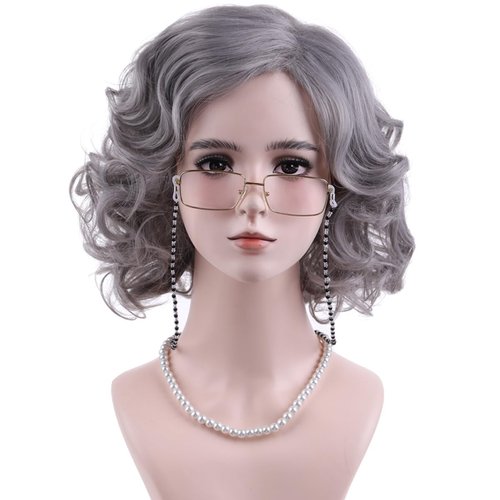 MAGQOO Old Lady Wig Granny Wig Short Curly Grandma Wig Old Women Costume Wig 100th Day of School Halloween Cosplay Costume Wig with Accessories