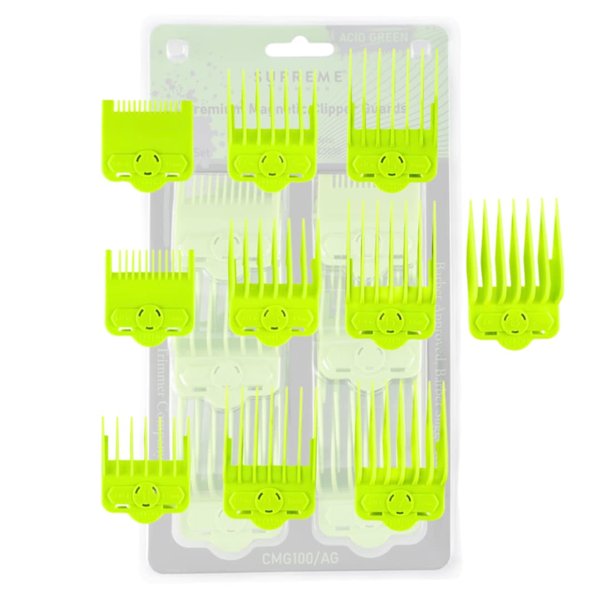 Supreme Trimmer Magnetic Guide Combs for Clippers | CMG100 Hair Clipper Guards, 10 Cutting Lengths | Acid Green