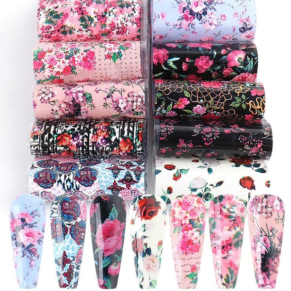 Retro Flowers Nail Art Foil Transfer Sticker Flower Nail Art Stickers Foil Transfers Decals Roes Flowers Nail Designs for Acrylic Nails Supply Floral Manicure Tips Nail Art Decorations (10Pcs)