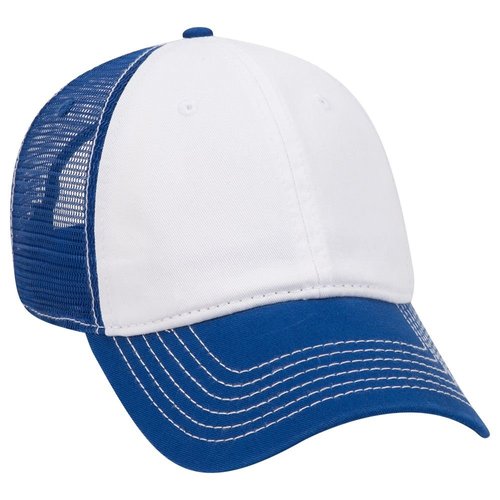 OTTO Garment Washed Cotton Twill 6 Panel Low Profile Mesh Back Trucker Hat - Ryl/Wht/Ryl