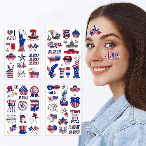 Hofar 4 Sheets 4th of July Temporary Tattoos Stickers Independence Day Face Eye Tattoo Sticker Waterproof Sweatproof American Flag USA Star Patriotic Memorial Day for Adult Kids