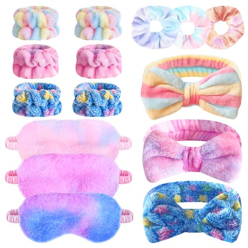 15 Pcs Sleepover Party Favors for Teenager Girl, Spa Headband Wrist Towels for Washing Face, Plush Bow Makeup Headbands Wristband Sleep Eye Mask Tie Dye Scrunchies for Single Women Spa Pajama Party