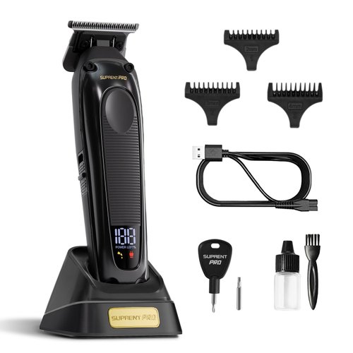 SUPRENT PRO Professional Hair Trimmer - High Torque Brushless Motor & Detachable Blade - Cordless Beard Trimmer for Barbers with Charging Base - Premium Finishing T- Blade Trimmer (Black