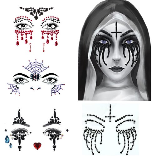Halloween Face Gems Jewels,Day of the Dead Skull Spider Web Clown Rhinestone Face Tattoo Stickers for Men Women Kids Halloween Cosplay Makeup