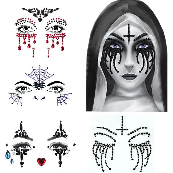 Halloween Face Gems Jewels,Day of the Dead Skull Spider Web Clown Rhinestone Face Tattoo Stickers for Men Women Kids Halloween Cosplay Makeup