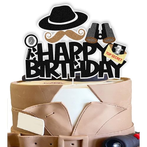 Secret Agent Spy Cake Toppers Detective Birthday Decoration with Secret Agent Fingerprint Footprint Telescope for Secret Agent Spy Detective Themed Birthday Party