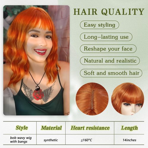 noxozoqm Orange Wig with Bangs for Women Short Bob Loose Wavy Wig Curly Wavy Shoulder Length Bob Synthetic Cosplay Wig for Girl Colorful Costume Wigs