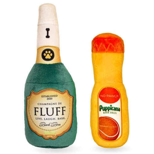 Bark Bros - Paw-mosa Mimosa Champagne OJ Plush Squeaky Dog Toy Bottle Parody Two Pack - Dog Birthday Toy - Cute Dog Toys - Dog Gifts - Puppy Gifts - Alcohol Dog Toy - Funny Dog Toy - Boy/Girl Dog Toys