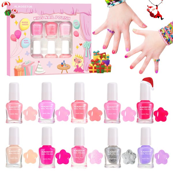 ALIKOSSTOR Kids Nail Polish - Non-Toxic Nail Polish Set for Girls, 10 Pink Colors Quick Dry Peel Off Water Based Nail Polish Toys Kit for Toddler Teen