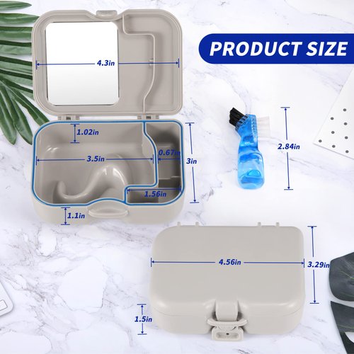 Annhua Denture Cup Bath Box Case with Mirror and Cleaning Brush, Dental Case with Brush Retainer Cleaning Case Mouth Guard Storage Soaking Cup Holder for Travel, Office, Household Use