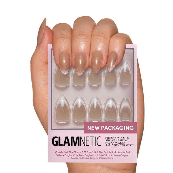 Glamnetic Press On Nails - Honey Bun | Trendy Neutral Nude Velvet Sparkly Short Almond Fake Nails, Reusable | 15 Sizes - 30 Nail Kit