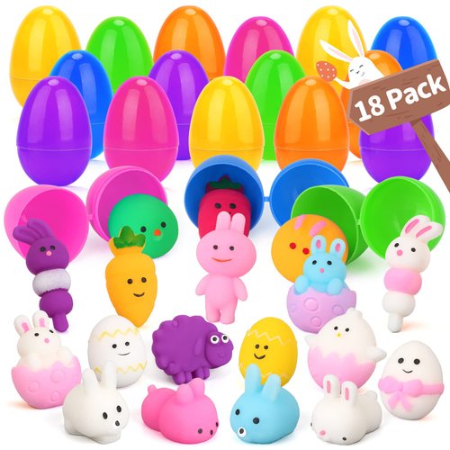 Opawel Easter Basket Stuffers, 18 Pcs Mochi Squishy Toys Easter Egg Fillers, Prefilled Easter Eggs with Toys Inside for Easter Egg Hunt, Easter Basket for Kids Easter Egg Stuffers