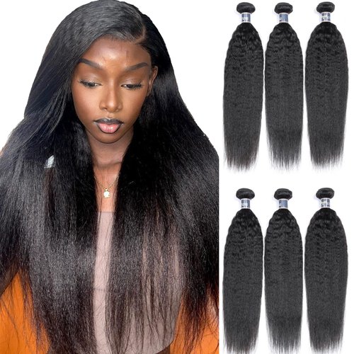 Brazilian Kinky Straight Human Hair - 3 Bundles Virgin Kinky Straight Hair 12 14 16 Inches 100% Unprocessed Kinky Straight Human Hair Extensions for Black Women 1B Color