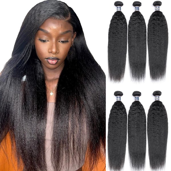 Brazilian Kinky Straight Human Hair - 3 Bundles Virgin Kinky Straight Hair 12 14 16 Inches 100% Unprocessed Kinky Straight Human Hair Extensions for Black Women 1B Color