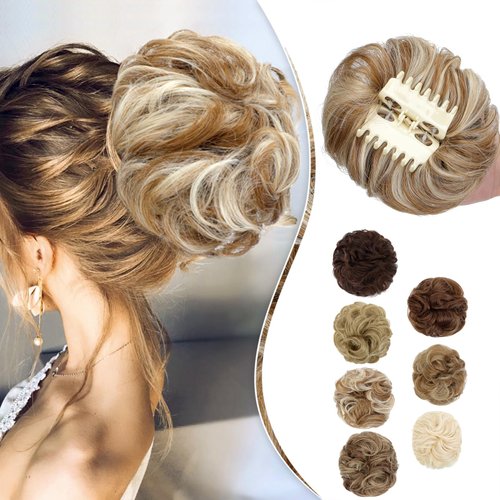 Leterly Messy Bun Hair Piece, Claw Clip Hair Bun Hairpieces Thick Updo Scrunchies Ponytail Hair Extensions Synthetic for Women Ginger Brown Mix Bleach Blonde