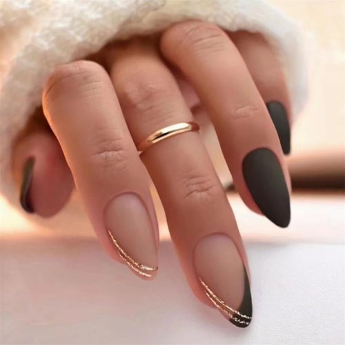 DOCVOEOMH Black Press on Nails Short Medium Almond Shaped Acrylic Fake Nails with Gold Lines Design Glue on Matte Full Cover Artificial Gel False Stick on Nail for Girls Women Wedding Manicure 24Pcs