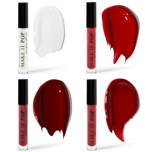 Black Girl Sunscreen - Make It Pop Sungloss 4 Pack - Sun Protection and Gloss in One - SPF 50 (4 Shades: Clear Skies, Cherry Noir, French Kiss, Red Wine)
