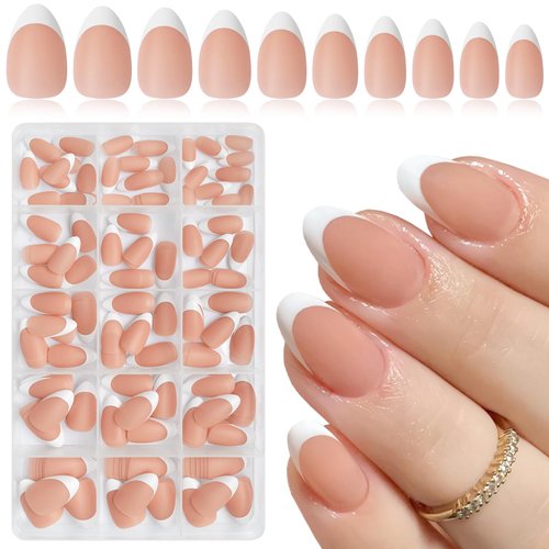 AddFavor French Tip Press on Nails Short Almond Fake Nails, 240pcs White French Nails Press on Almond Matte Pink Acrylic Nails with Adhesive Tabs for Women