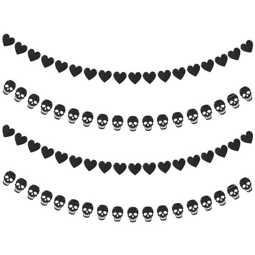 K1tpde 4PCS Gothic Black Heart Skull Garland Banner Kits Black Felt Heart Garland Banner for Valentines Black Felt Skull Garland Banner for Gothic Birthday Party Decorations Halloween Home Decor
