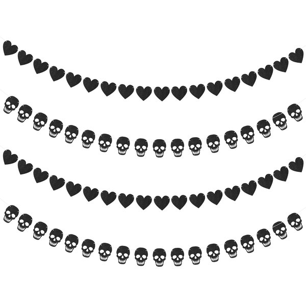 K1tpde 4PCS Gothic Black Heart Skull Garland Banner Kits Black Felt Heart Garland Banner for Valentines Black Felt Skull Garland Banner for Gothic Birthday Party Decorations Halloween Home Decor