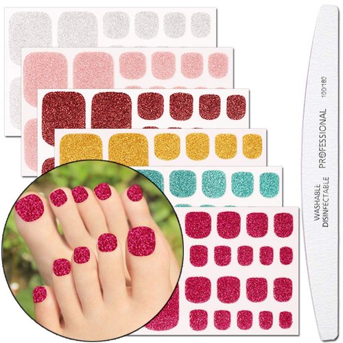 WOKOTO 6 Sheets Adhesive Toenail Art Polish Decals with 1Pcs Nail File Glitter Nail Wraps Sticker Strips Manicure Kits for Women