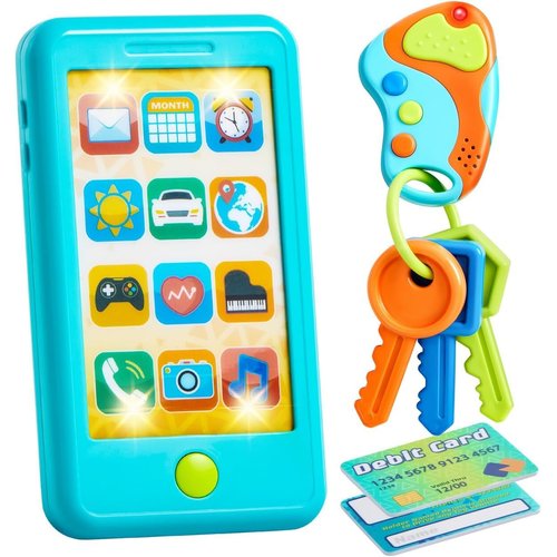 Pretend Toddler Play Phone, Learning Toy Phone Set,Keyfob Key Toy and Credit Cards Set, Kids Cellphone Toys, Girls Boys Birthday Gifts for 1 2 3 Year Old,Baby Blue, Kids Presents Toys