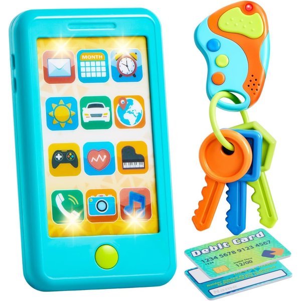 Pretend Toddler Play Phone, Learning Toy Phone Set,Keyfob Key Toy and Credit Cards Set, Kids Cellphone Toys, Girls Boys Birthday Gifts for 1 2 3 Year Old,Baby Blue, Kids Presents Toys