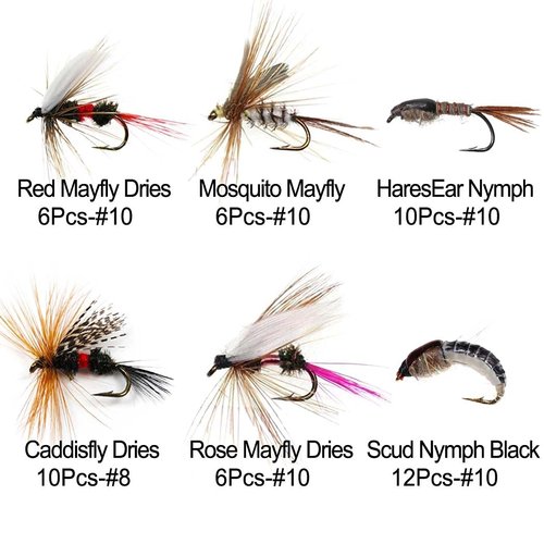 Fly Fishing Flies Kit, 50/114Pcs Handmade Fly Fishing Gear with Dry/Wet Flies, Streamers, Fly Assortment Trout Bass Fishing with Fly Box (50Pcs/Set-6 Mixed Styles)