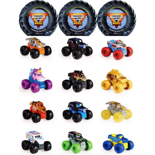 Matty's Toy Stop Monster Jam Mini Mystery Collectible Monster Trucks (1:87 Scale) Gift Set Party Bundle Storage Bag - 3 Pack (Assorted)