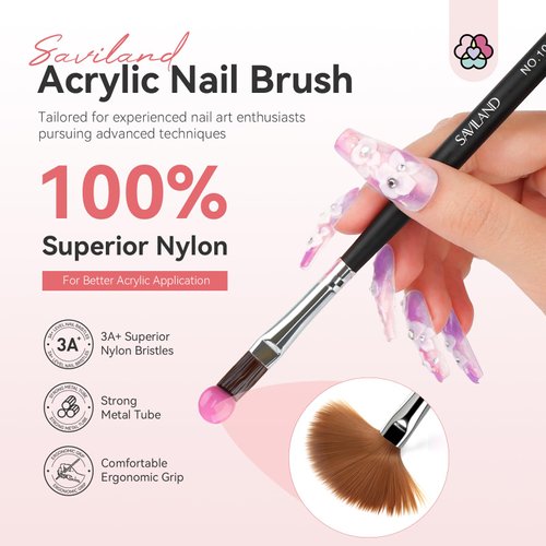 Saviland Kolinsky Acrylic Nail Brush Set: Size 4/6/8/10/12 Acrylic Nail Brushes for Acrylic Powder Application, Round Shaped Nail Brushes for Nail Art Extension 3D Nail Carving Manicure Tools Home DIY