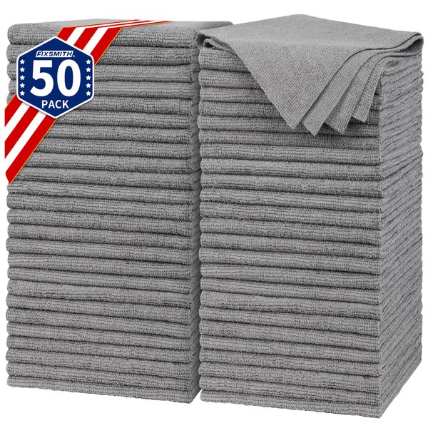 FIXSMITH Shop Towels, Pack of 50, Grey Microfiber Cleaning Cloth Bulk, Microfiber Towels for Cars, All-Purpose Absorbent Cleaning Rags, Dust Cloth for Automotive, Mechanic, Garage, 11.5 x 11.5 inch