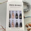 French Tip Press on Nails Almond Medium Fake Nails with Gold Line Shine Design Full Cover Reusable Black Artificial Acrylic Coffin False Nails Set Women Glue on Nails Stick on Nails for Nail Art