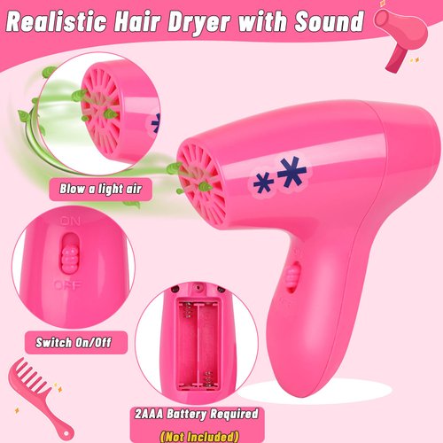 Gifts2U Hair Salon Toys for Girls, Girl Beauty Salon Playset Pretend Hair Styling Set with Blow Dryer, Barber Costume Apron, Scissors Styling Manu, Fake Money and Functional Stylist Accessories.