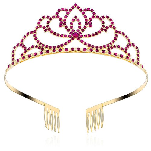 FASOTY Gold Tiara Hot Pink Crystal Crown with Combs Elegant Princess Tiaras and Crowns for Women Girls Rhinestone Headband for Bridal Wedding Birthday Party Prom