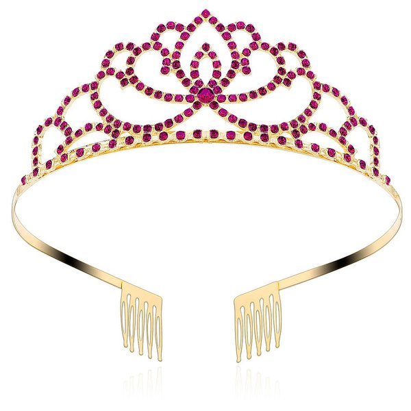 FASOTY Gold Tiara Hot Pink Crystal Crown with Combs Elegant Princess Tiaras and Crowns for Women Girls Rhinestone Headband for Bridal Wedding Birthday Party Prom