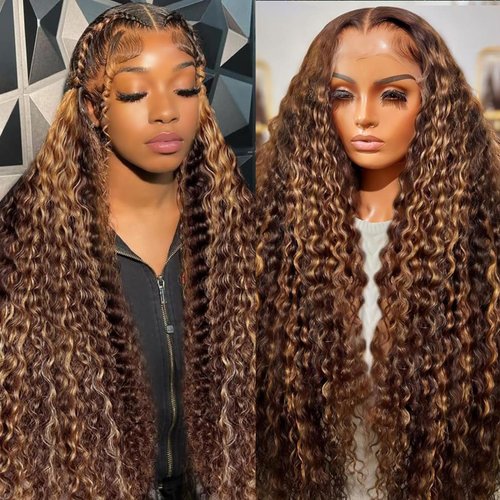 WOPK Ombre Hightlight Lace Front Wigs Human Hair Water Wave 13x6 HD Lace Frontal Wig Pre Plucked Natural Hairline with Baby Hair 180% Density 22inch