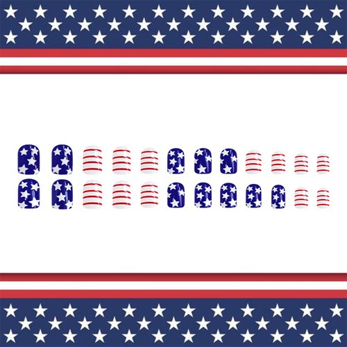 24Pcs 4th of July Press on Nails Short,Independence Day Fake Nails Square False Nails with Red White Stripe American Flag Designs Patriotic Stick on Nails Full Cover Acrylic Nails for Women and Girls