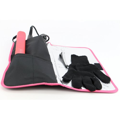 Xtenzi Heat Resistant /Heat Shield/Flattening Irons/ Curling Iron Cover/Flat Iron Travel Pouch/Hair Straighteners Case with Velcro /Heat Resistant Glove and Clip (Pink)