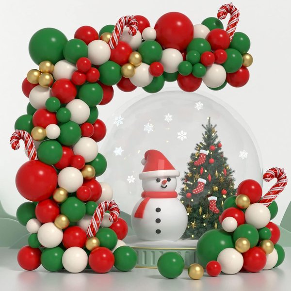 Christmas Balloon Garland Arch kit, 124Pcs Red Green Gold Balloons with Candy Crutch Foil Balloons for Christmas Party Decorations Holiday Xmas Party Decorations