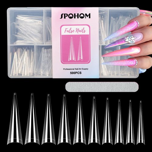 Spohom 500PCS Clear Stiletto Nail Tips for Acrylic Nails Professional, 3XL No C Curve Nail Tips Half Cover French False Nail Extension Tips Acrylic Nail 10 Sizes Home DIY Nail Salon with Nail File