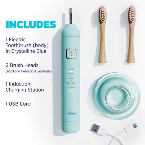 Lumineux Rechargeable Electric Toothbrush for Adults in Crystalline Blue - Includes 2 Super Soft Bristle Tooth Brush Heads Made with Bamboo, Induction Charging Station & USB Charge Cord (Starter Pack)
