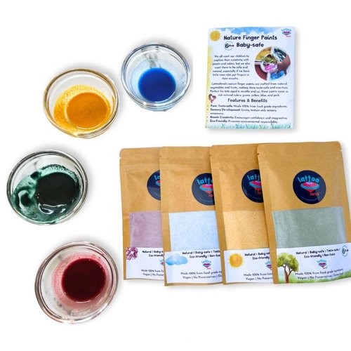 Lattooland Natural Vegan Finger Paints for Babies & Toddlers | Vegetable-based Paint Powders | Non-Toxic Baby Paint Set for Art, Craft | Eco-Friendly Color Paint Set | Taste-safe Toddler Paint Set | Sensory Play Paints for Kids Aged 6+ Months (4 Colors) |