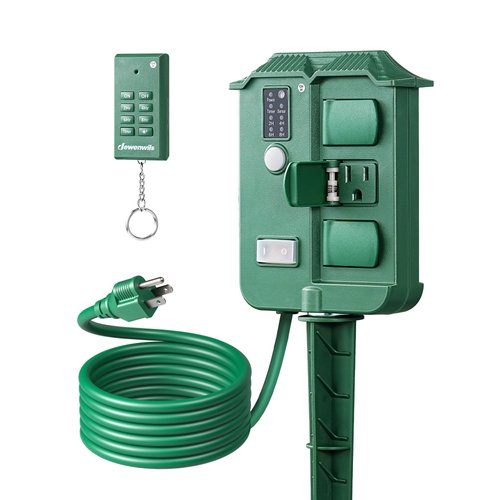 DEWENWILS Outdoor Power Stake Timer Waterproof, 100FT Wireless Remote Control, 6 Grounded Outlets, 6FT Extension Cord, Photocell Dusk to Dawn for Christmas Decoration, Lights, Garden, UL Listed