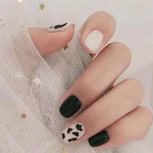 IMSOHOT Glossy Square Press on Nails Short Squoval Cow Print Nails Cute Black Fake Nails False Nails Full Cover Glue on Nails for Women and Girls