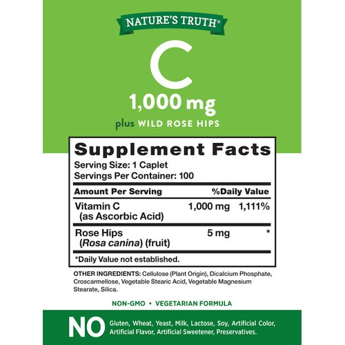 Vitamin C with Rose Hips 1000 mg | 110 Caplets Vegetarian, Non-GMO, Gluten Free | By Nature's Truth