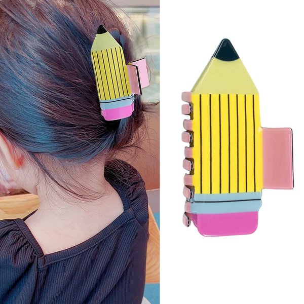Back To School Hair Claw Clips for Women Girls Teacher Appreciation Hair Clips Yellow Pencil Claw Clips for Thick Thin Hair Strong Hold Claw Clips Fun Hair Accessories 1 PCS