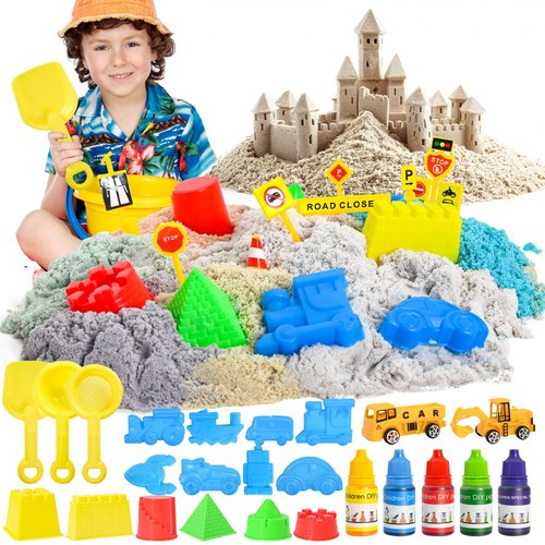 QAMEGX Play Sand Construction Set- Play Sand Kit, Sensory Bins with Magic Sand, Excavator Toy, Sand, Shovel Construction Site Kit, Beach Building Castle Sandbox Kit Gifts for Toddlers Age 3-8 Boy Girl