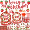 Yingoto 150pcs Strawberry First Birthday Decor Tableware Set for 20 Guests, includes Berry First Birthday Banner Hanging Swirl Paper Plate Cup Fork Straw Napkin Tablecloth Sweet One Birthday Party