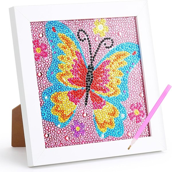 Art Kit for Kids with Frame, 7x7inch,for Diamondart and Crafts for Kids Ages 6-8-12, Easy DIY Gem Art by Number Boys for Birthday Christmas Gifts(Butterfly)